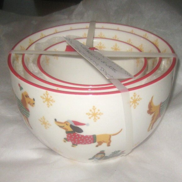 Jingle & Joy NEW Nesting Bowls DOGS IN VESTS 3 Pce Serving Snack Holidays NWT - Picture 1 of 5